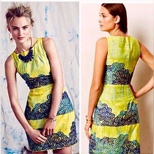 Anthropologie brand Tabitha, 100% cotton Azure scroll sheath dress, size 12